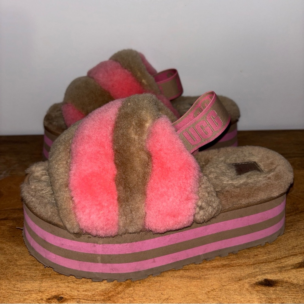 UGG shearling Pink and Brown Fluffy Platform Slides 7